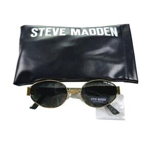 Steve Madden Oval Sunglasses With Black Case Gold Frame Black Lens Unisex UV